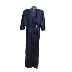 blue lace dress midi RSVP Ready Lace Asymmetric Ruffle Midi Dress in Navy Blue | Size: S | Lace Fabric/Knit Fabric main image 0